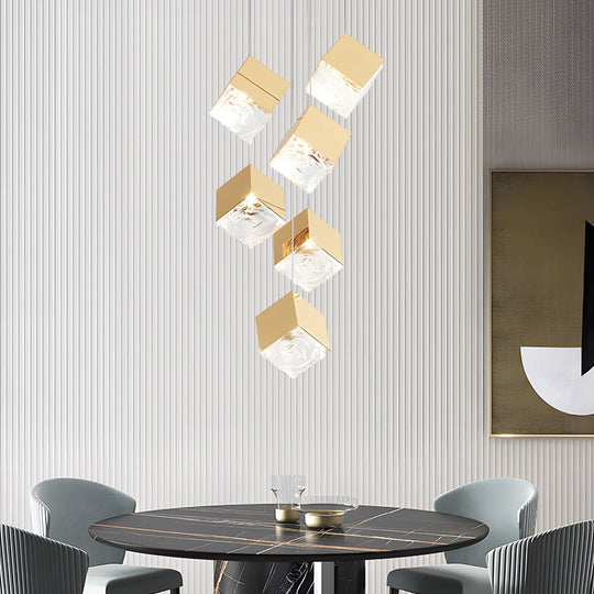 1/3/6/9-Light Multi Glass Ice Cube Metallic Staircase Chandelier in Gold/Chrome