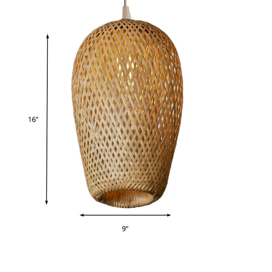 Bamboo 1-Light Pendant Lamp: Lodge Style Woven Shade, Kitchen Suspension Lighting in Yellow (9"/10" Wide)