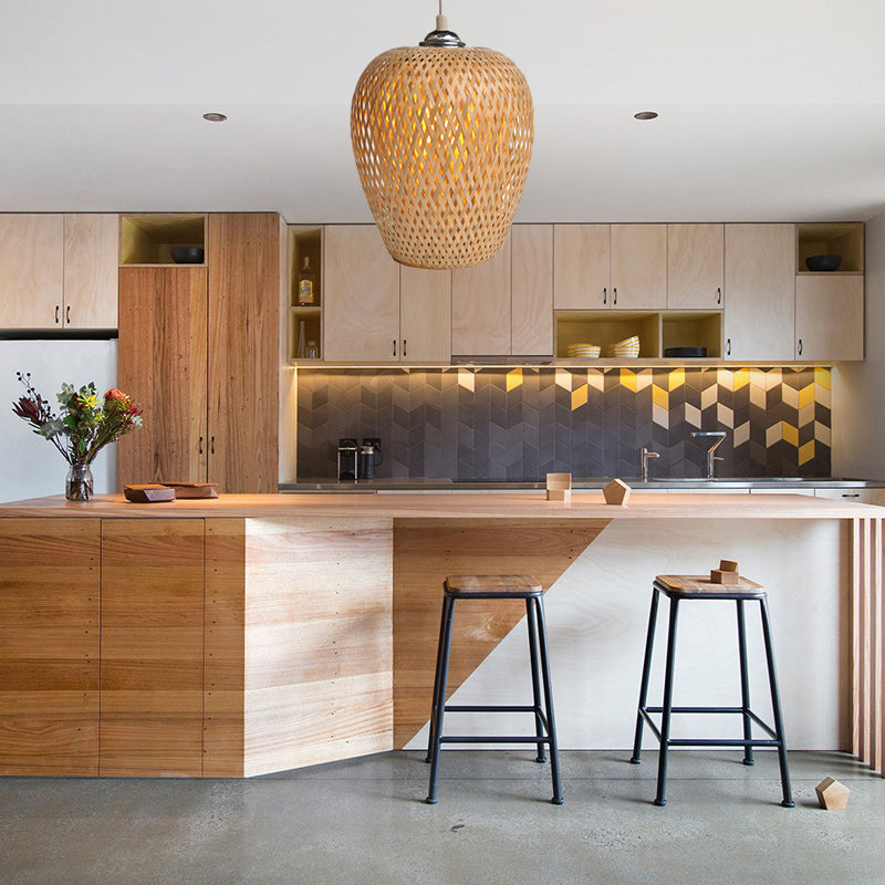 Bamboo 1-Light Pendant Lamp: Lodge Style Woven Shade, Kitchen Suspension Lighting in Yellow (9"/10" Wide)