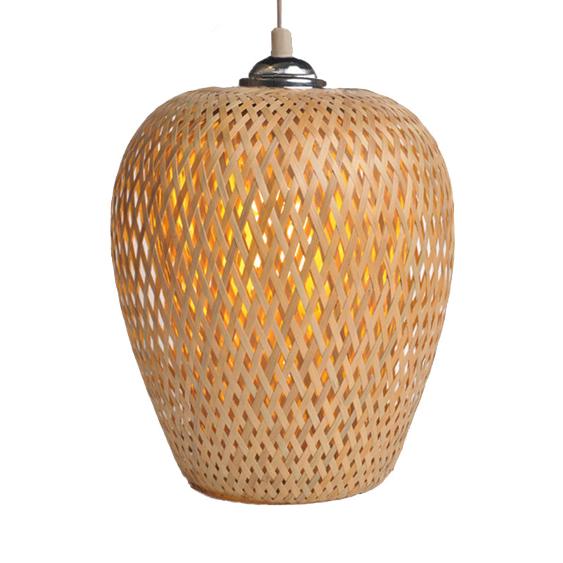 Bamboo 1-Light Pendant Lamp: Lodge Style Woven Shade, Kitchen Suspension Lighting in Yellow (9"/10" Wide)