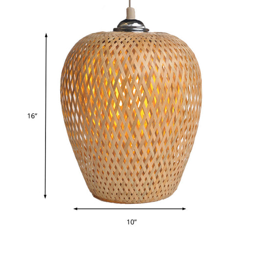 Bamboo 1-Light Pendant Lamp: Lodge Style Woven Shade, Kitchen Suspension Lighting in Yellow (9"/10" Wide)