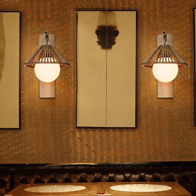 Bamboo Cone 1-Light Asian Style Wall Lamp - Brown with White Glass Ball Shade