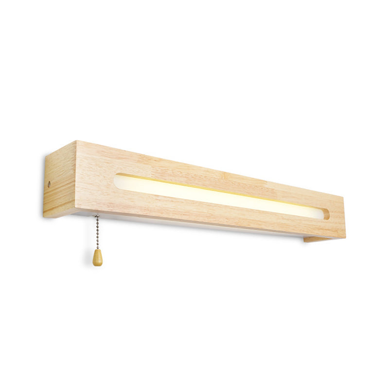 Modern Wooden Rectangle Vanity Lamp Beige Wall Sconce Light with Pull Chain and Diffuser - 18"/21.5" Wide