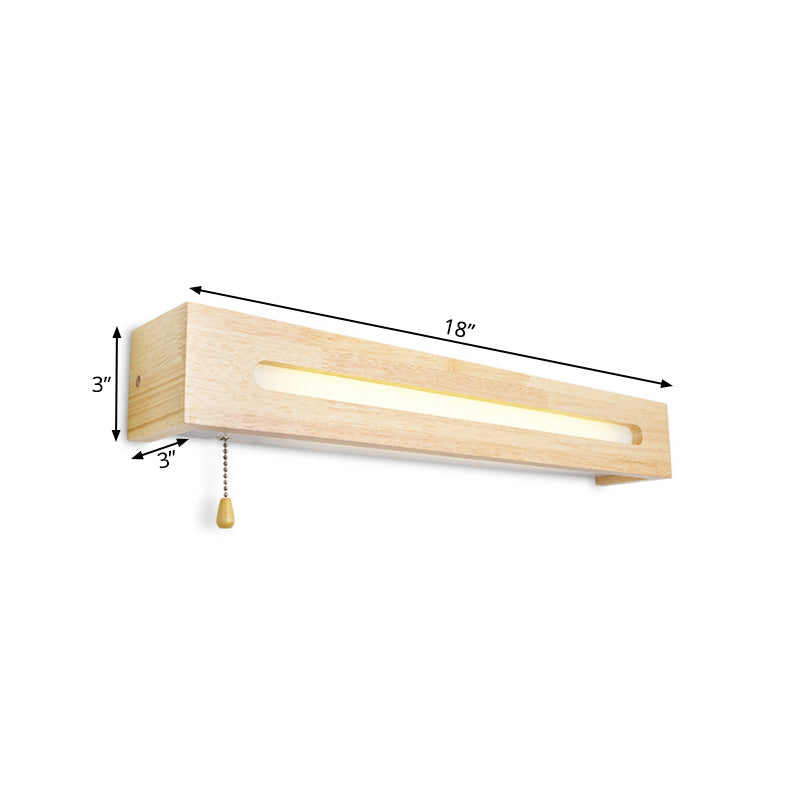 Modern Wooden Rectangle Vanity Lamp Beige Wall Sconce Light with Pull Chain and Diffuser - 18"/21.5" Wide