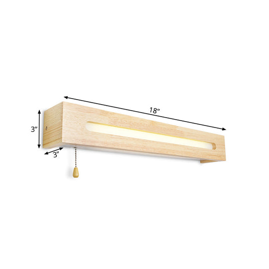 Modern Wooden Rectangle Vanity Lamp Beige Wall Sconce Light with Pull Chain and Diffuser - 18"/21.5" Wide