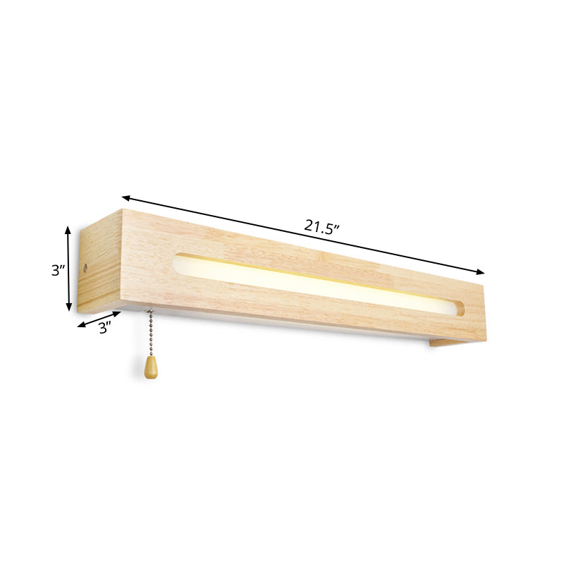 Modern Wooden Rectangle Vanity Lamp Beige Wall Sconce Light with Pull Chain and Diffuser - 18"/21.5" Wide