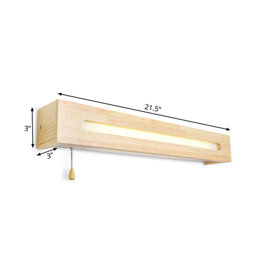 Modern Wooden Rectangle Vanity Lamp Beige Wall Sconce Light with Pull Chain and Diffuser - 18"/21.5" Wide