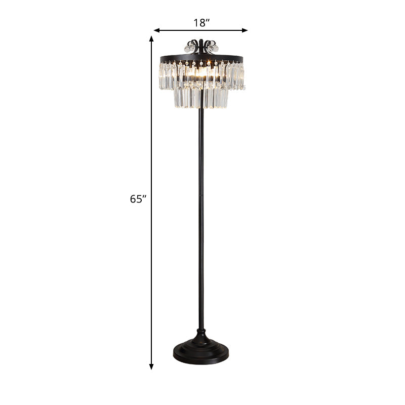 Contemporary Crystal Black Floor Lamp with 2-Tier Drum Shade - Stunning Standing Light