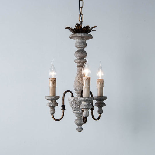 Rustic Wood Candle Chandelier with Grey Finish - 3-Bulb Hanging Ceiling Light