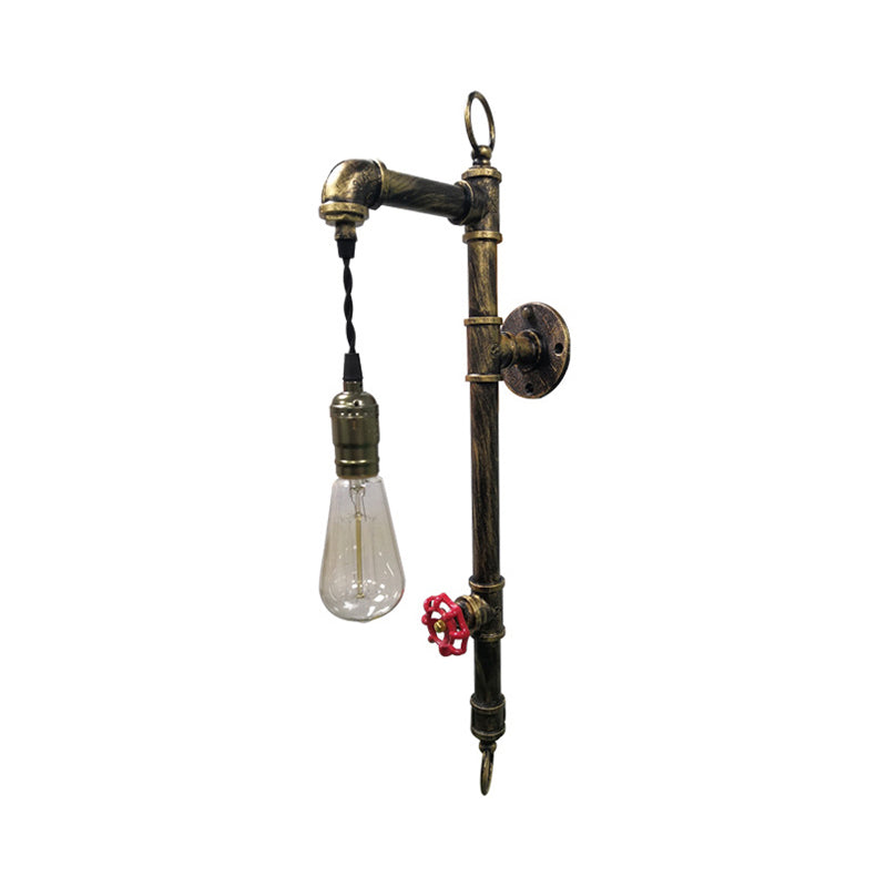 Rustic Antique Brass Pipe Wall Sconce with Industrial Iron and Hanging Bulb for Living Room