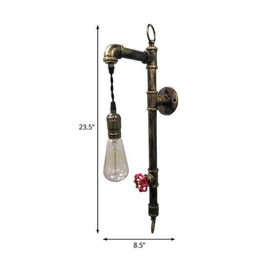 Rustic Antique Brass Pipe Wall Sconce with Industrial Iron and Hanging Bulb for Living Room