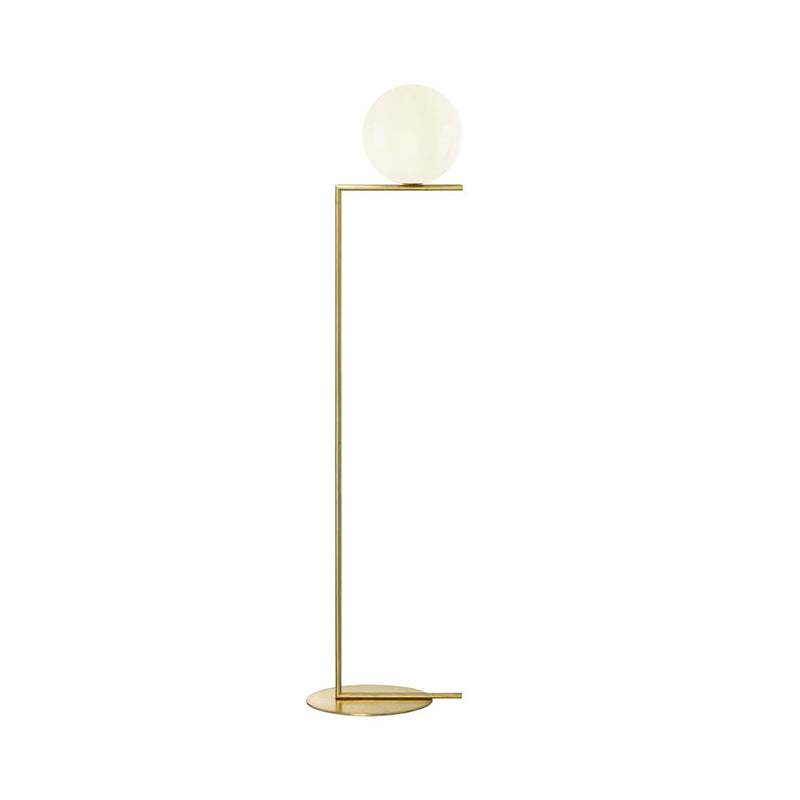 Minimalist Gold Orb Floor Lamp with Frosted Glass Shade and Right Angle Stand