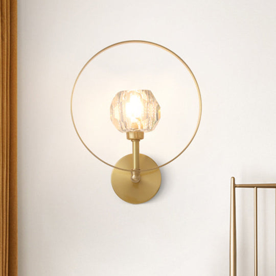 Contemporary Gold Head Surface Wall Sconce with Beveled Crystal Ball Ring Frame - Elegant Wall Lamp