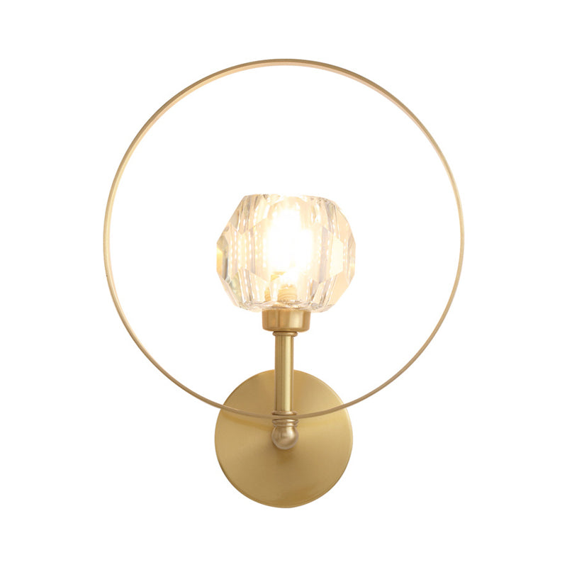 Contemporary Gold Head Surface Wall Sconce with Beveled Crystal Ball Ring Frame - Elegant Wall Lamp