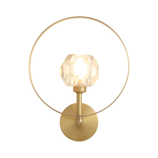 Contemporary Gold Head Surface Wall Sconce with Beveled Crystal Ball Ring Frame - Elegant Wall Lamp