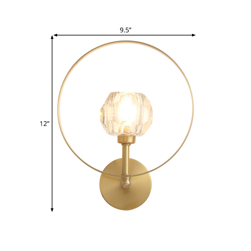 Contemporary Gold Head Surface Wall Sconce with Beveled Crystal Ball Ring Frame - Elegant Wall Lamp