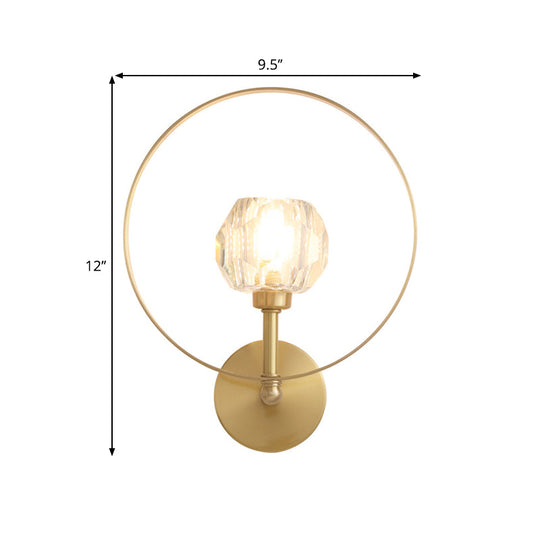 Contemporary Gold Head Surface Wall Sconce with Beveled Crystal Ball Ring Frame - Elegant Wall Lamp