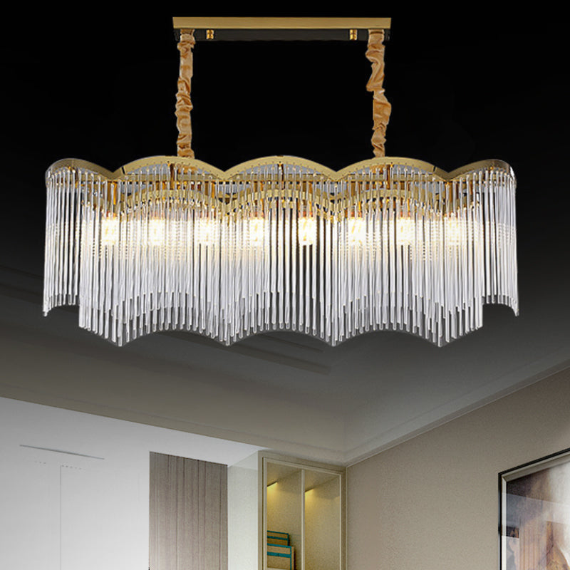 Contemporary Gold Pendant Light with 8 Wavy Frame Clear Crystal Tubes