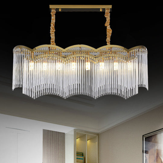 Contemporary Gold Pendant Light with 8 Wavy Frame Clear Crystal Tubes