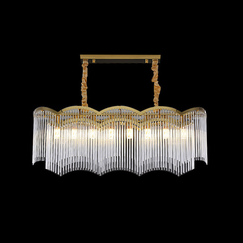Contemporary Gold Pendant Light with 8 Wavy Frame Clear Crystal Tubes