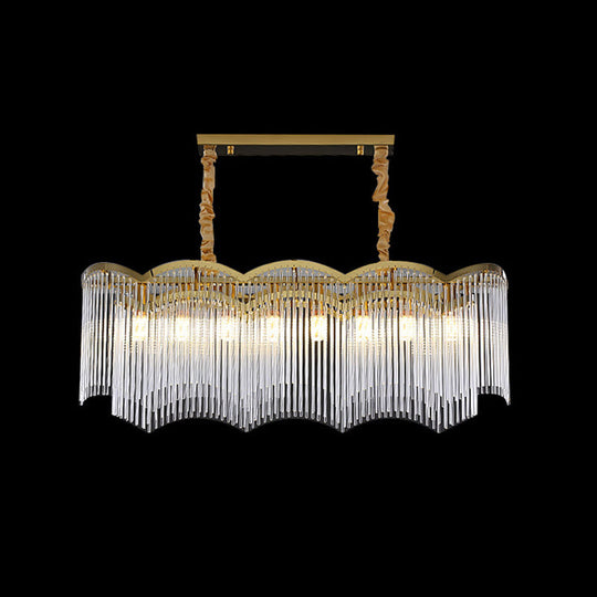 Contemporary Gold Pendant Light with 8 Wavy Frame Clear Crystal Tubes