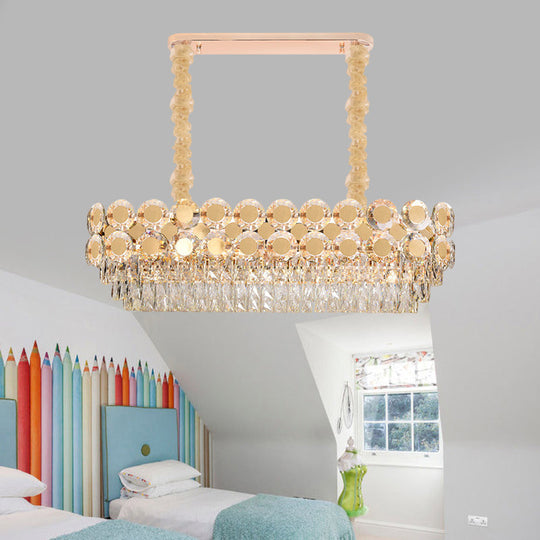 Contemporary Gold Oval Crystal Island Pendant with 12 Bulbs – Elegant Dining Hall Lighting