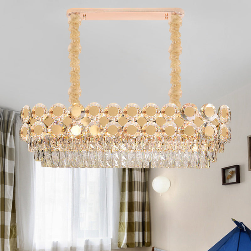 Contemporary Gold Oval Crystal Island Pendant with 12 Bulbs – Elegant Dining Hall Lighting