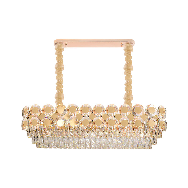 Contemporary Gold Oval Crystal Island Pendant with 12 Bulbs – Elegant Dining Hall Lighting