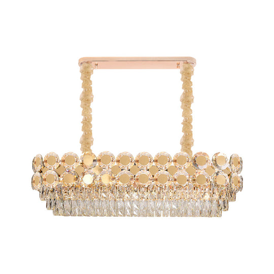 Contemporary Gold Oval Crystal Island Pendant with 12 Bulbs – Elegant Dining Hall Lighting