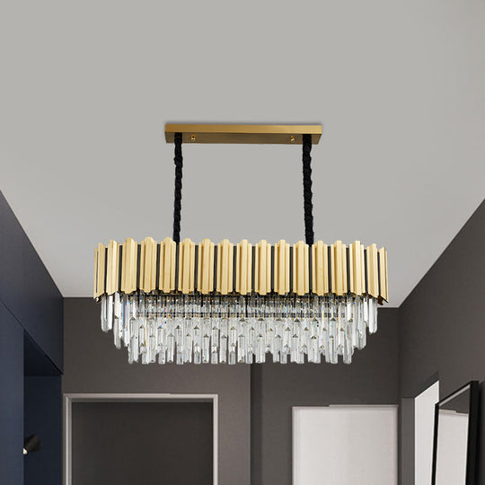 Modern Crystal Gold Finish Pendant Light with Prismatic Oval Design - 10 Heads, Island Style