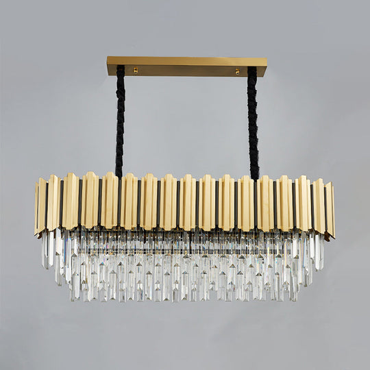 Modern Crystal Gold Finish Pendant Light with Prismatic Oval Design - 10 Heads, Island Style