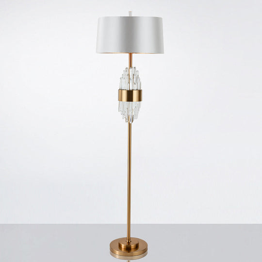 Modern Brass Finish Floor Lamp with Barrel Shade and Metal Base