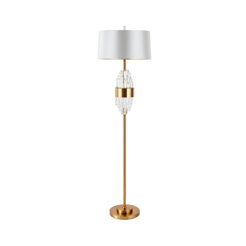 Modern Brass Finish Floor Lamp with Barrel Shade and Metal Base