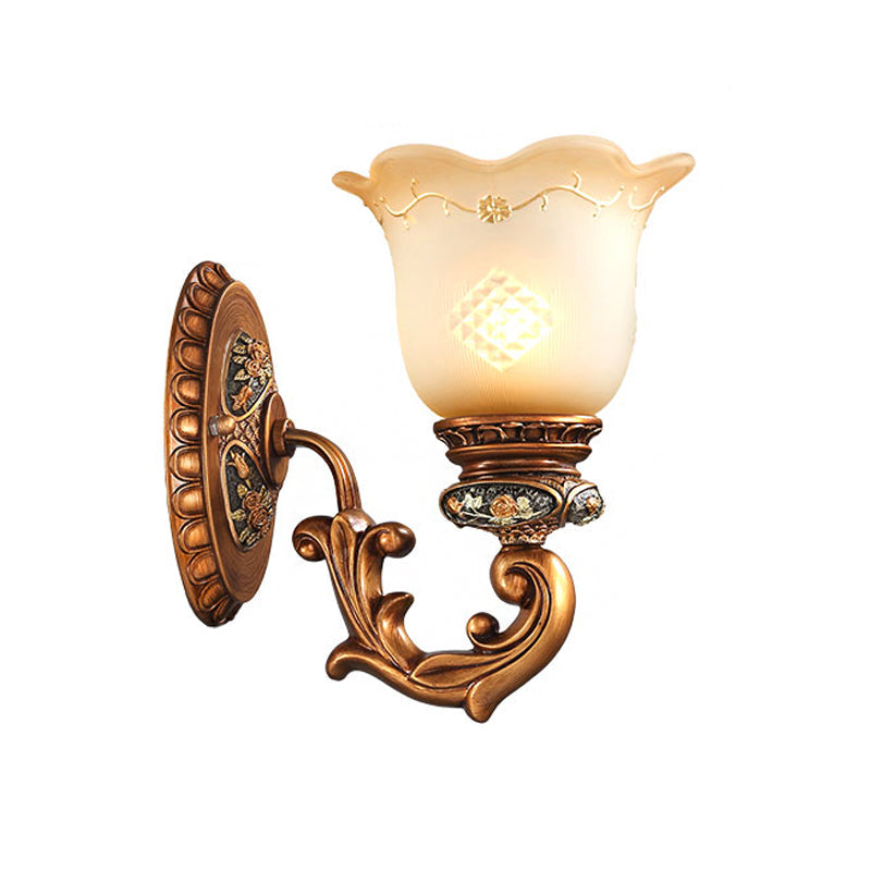 Traditional Cream Glass Scalloped-Edge Wall Sconce - Bedroom Light Kit with 1-Light Brass Design