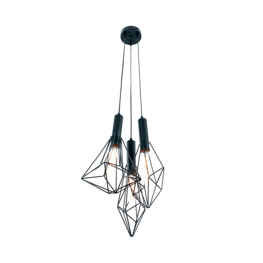 Industrial Black Iron Cage Pendant Light - Abstract Cafe Hanging Fixture with 3 Lights