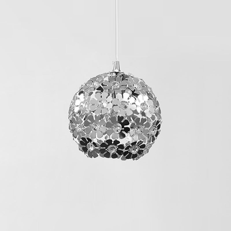 Contemporary Floral Globe Hanging Light - Aluminum Shade, Chrome Suspension, Crystal Accent