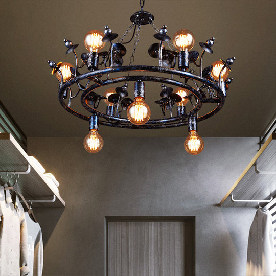 Rustic Black Metal Round Chandelier Pendant Light with Multiple Open Bulbs