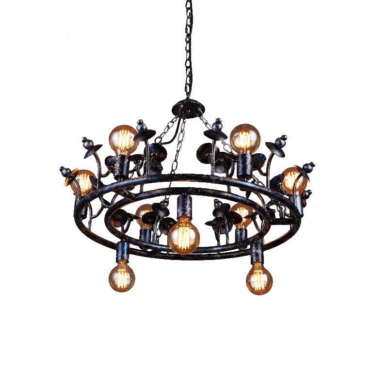 Rustic Black Metal Round Chandelier Pendant Light with Multiple Open Bulbs