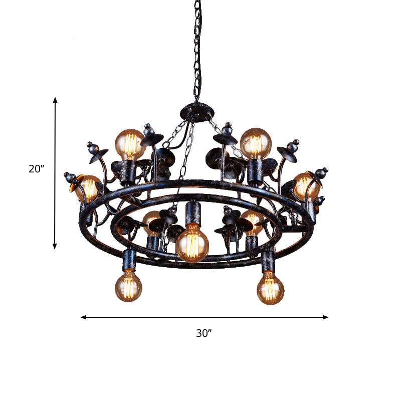 Rustic Black Metal Round Chandelier Pendant Light with Multiple Open Bulbs