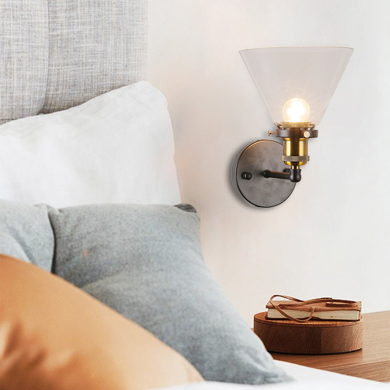 Antique 1-Light Clear Glass Wall Sconce with Black Cone for Kitchen Lighting