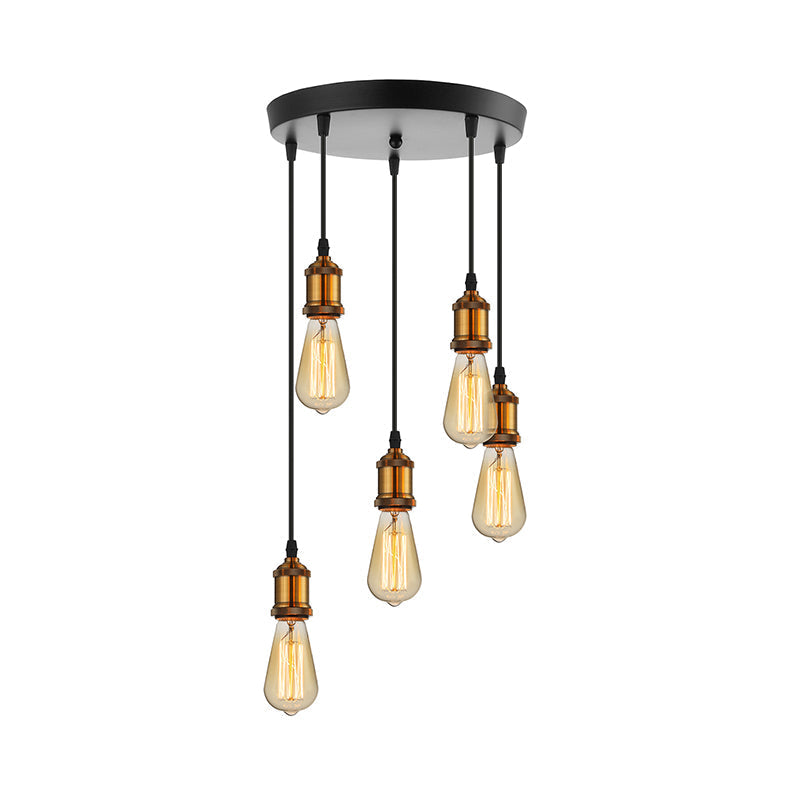 Vintage Brass Pendant Light with Exposed Bulbs and Adjustable Cord - 3/5 Lights, Round/Linear Canopy