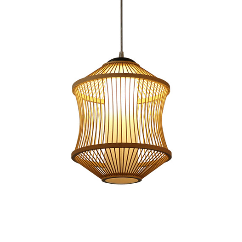 1 Head Asian Style Restaurant Hanging Light with Cylinder Bamboo Shade - Beige Ceiling Lamp