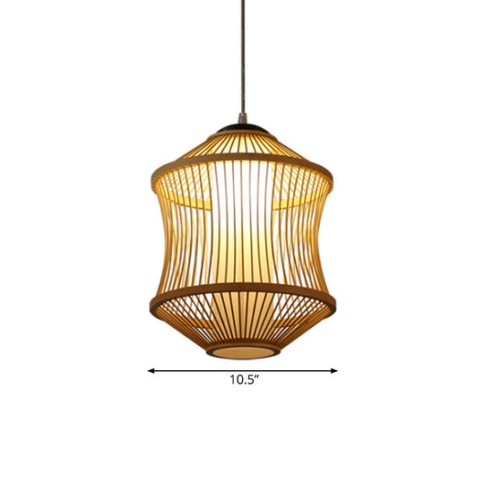 1 Head Asian Style Restaurant Hanging Light with Cylinder Bamboo Shade - Beige Ceiling Lamp