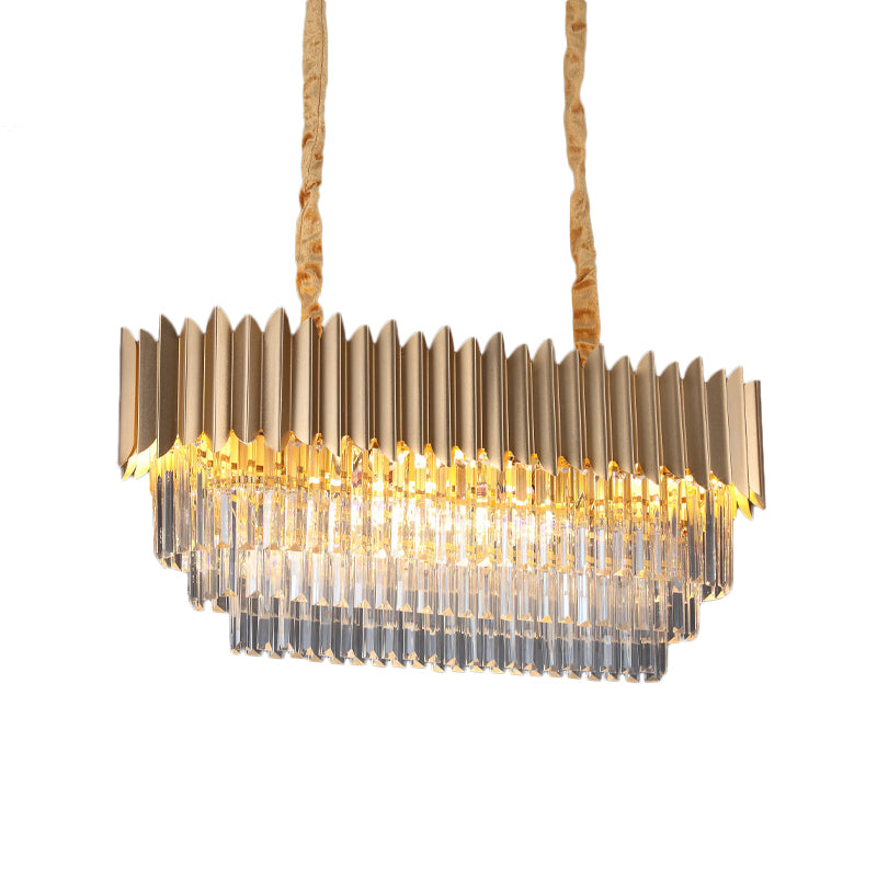 Modern Clear Crystal Prisms Pendant Lamp - Oval Shape, 8 Heads, Gold Finish - for Dining Room and Kitchen Island Lighting