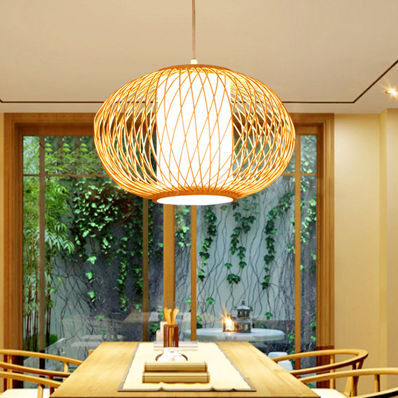 Modern Beige Hand-Knitted Hanging Bamboo Ceiling Lamp with Drum Shade - Perfect for Dining Room - 10"/16" W - 1 Bulb