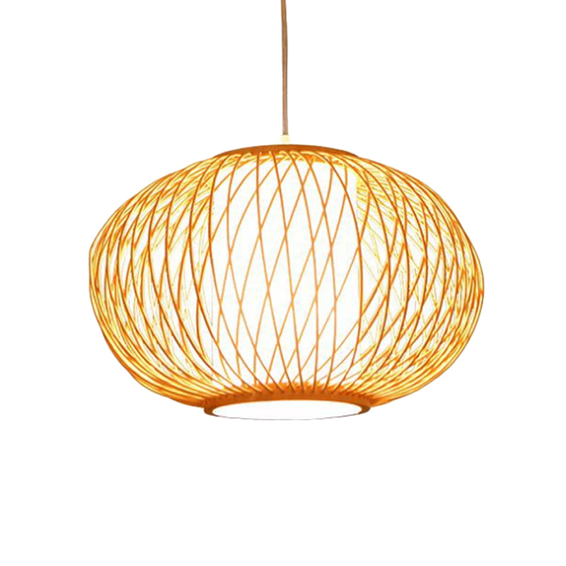 Modern Beige Hand-Knitted Hanging Bamboo Ceiling Lamp with Drum Shade - Perfect for Dining Room - 10"/16" W - 1 Bulb