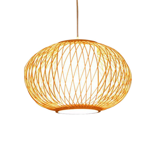 Modern Beige Hand-Knitted Hanging Bamboo Ceiling Lamp with Drum Shade - Perfect for Dining Room - 10"/16" W - 1 Bulb