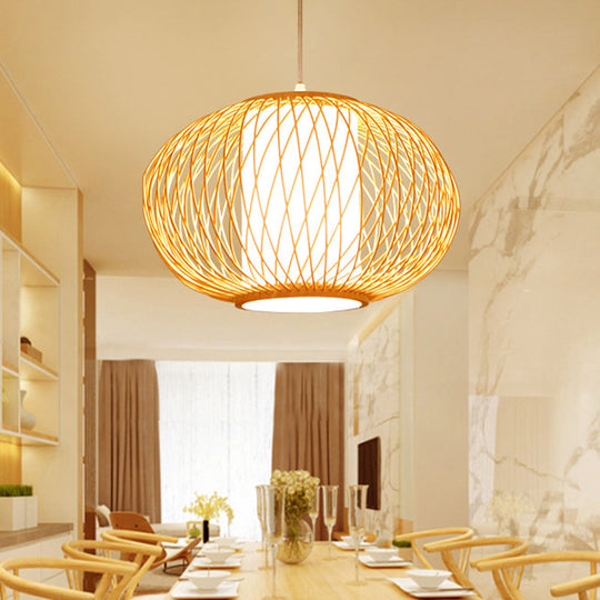 Modern Beige Hand-Knitted Hanging Bamboo Ceiling Lamp with Drum Shade - Perfect for Dining Room - 10"/16" W - 1 Bulb