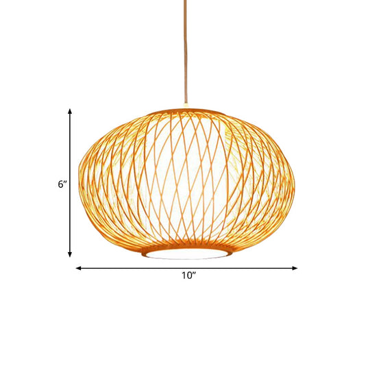 Modern Beige Hand-Knitted Hanging Bamboo Ceiling Lamp with Drum Shade - Perfect for Dining Room - 10"/16" W - 1 Bulb