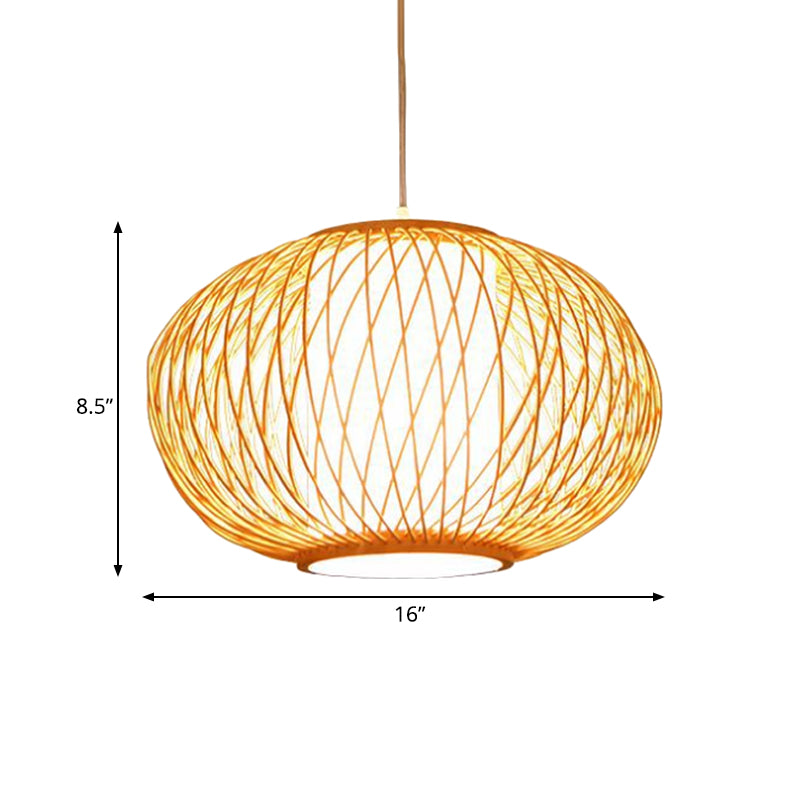 Modern Beige Hand-Knitted Hanging Bamboo Ceiling Lamp with Drum Shade - Perfect for Dining Room - 10"/16" W - 1 Bulb